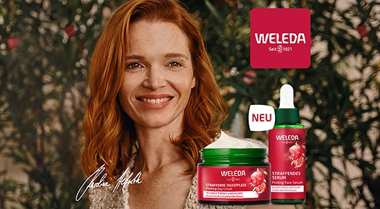 Frau mit Produkten von Weleda.
