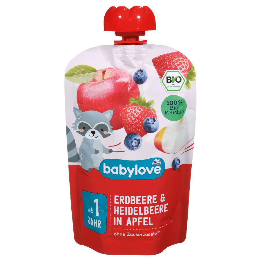 „Quetschbeutel Erdbeere & Heidelbeere in Apfel“ von babylove bei dm